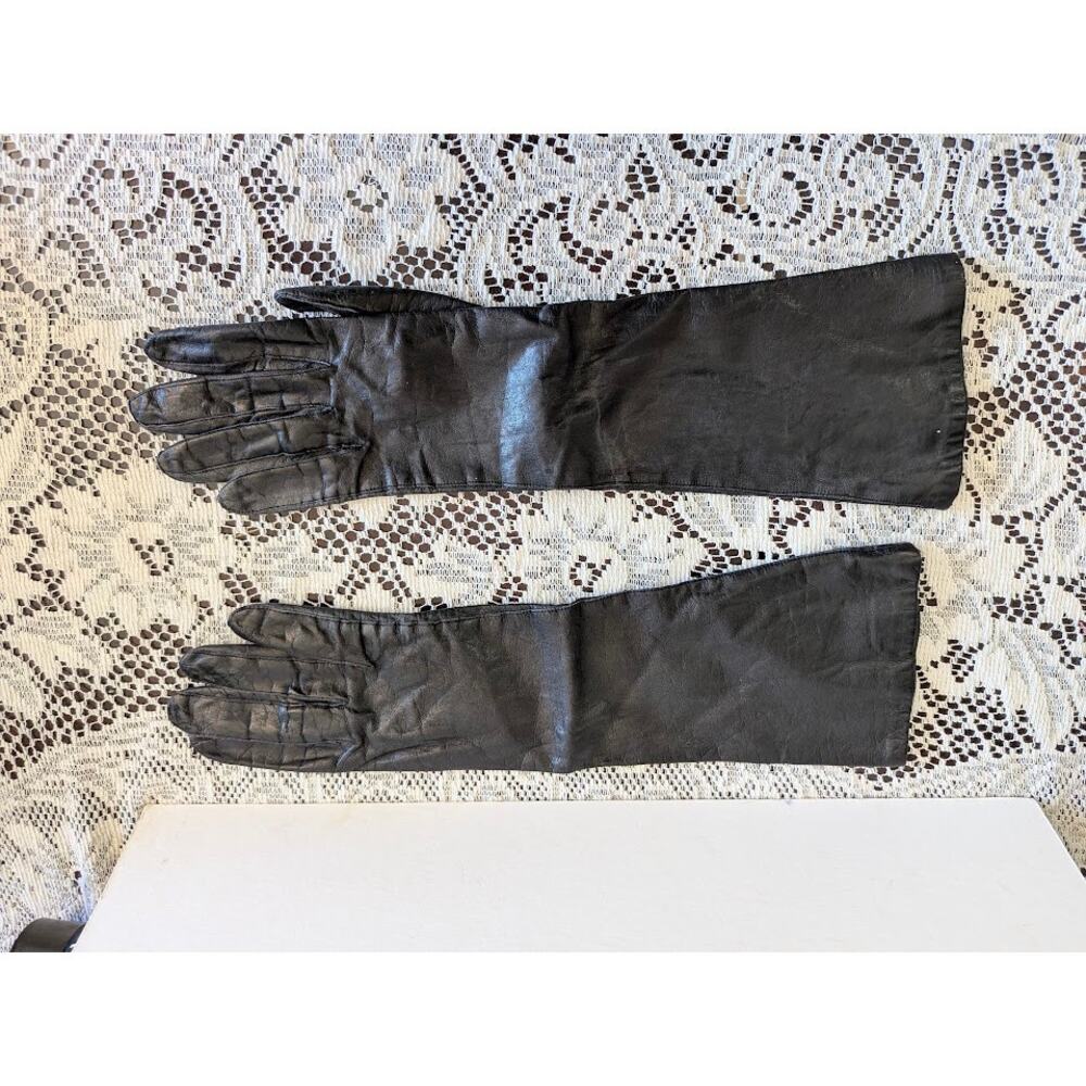 Vintage Size Small Black Genuine Leather Opera Gloves Long Gauntlet - Picture 2 of 3
